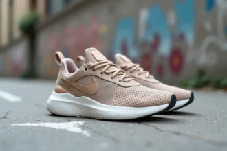 Nouvelle paire de sneakers Nike 2026 posée sur du béton urbain, design géométrique avec semelle épaisse et tige en mesh texturé
