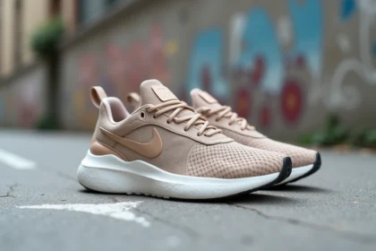 Nouvelle paire de sneakers Nike 2026 posée sur du béton urbain, design géométrique avec semelle épaisse et tige en mesh texturé