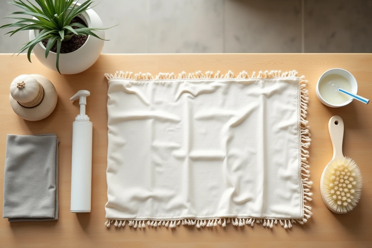 Vue en plongée des outils nécessaires pour nettoyer et entretenir un chapeau musulman traditionnel