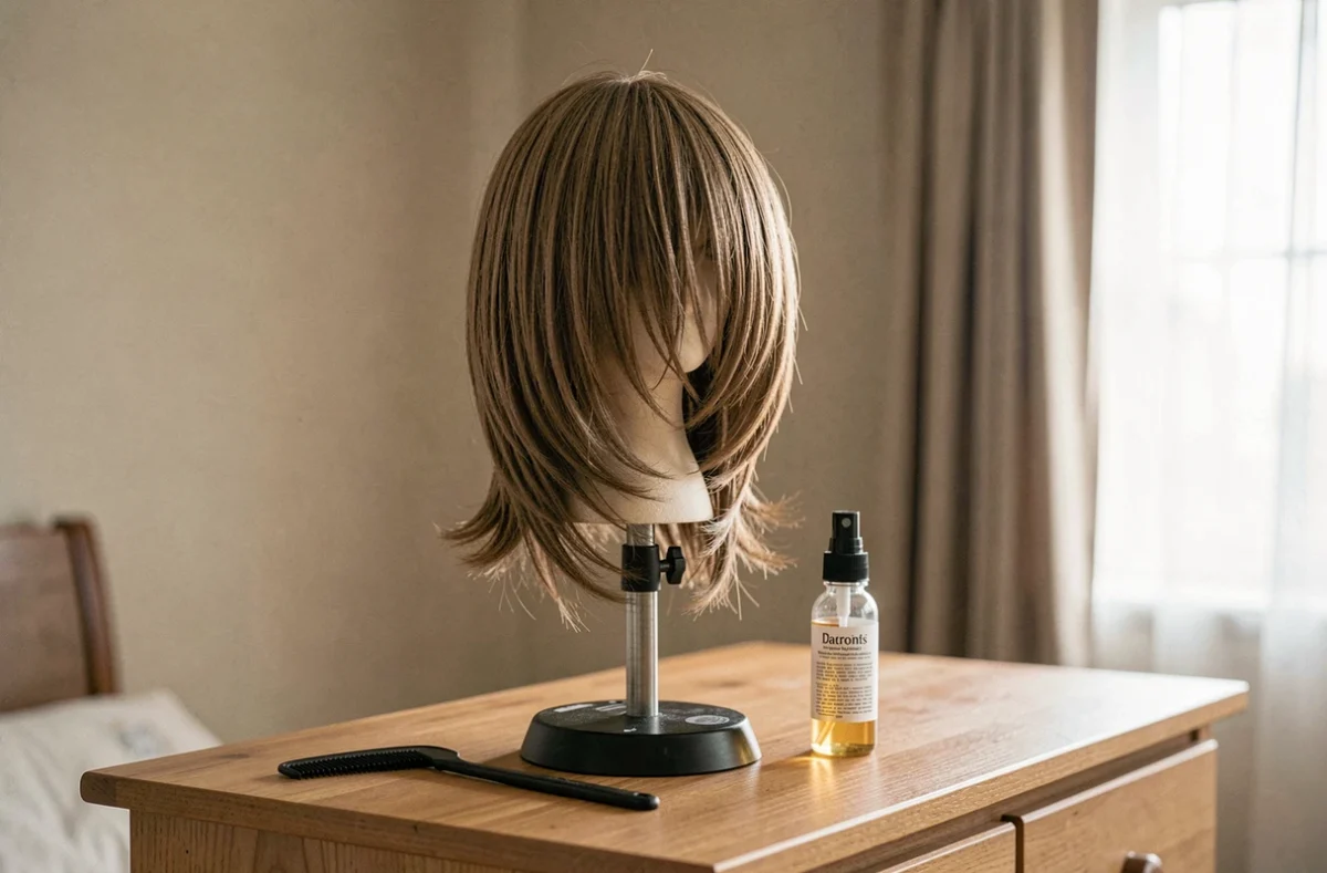 Perruque coupe mulet séchée et coiffée sur un support de perruque professionnel posé sur une commode