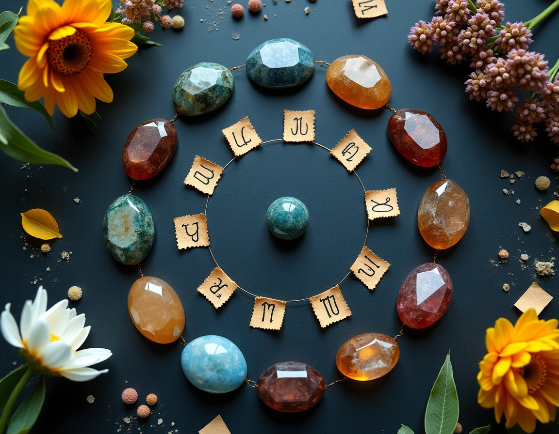 Vue du dessus d'un cercle de pierres précieuses associées aux signes astrologiques posées sur une ardoise avec des étiquettes manuscrites et des fleurs séchées