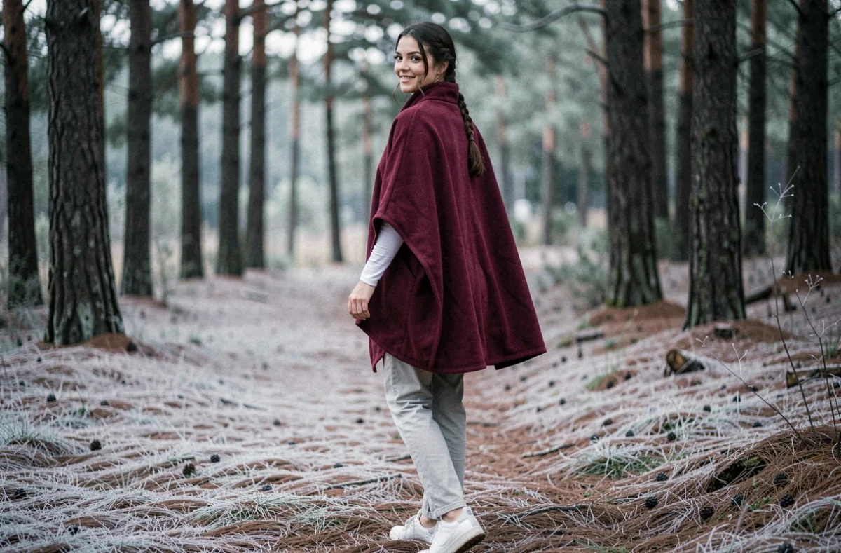 Femme en poncho polaire bordeaux se promenant sur un chemin forestier givré, alliant style et chaleur pour une journée d'hiver en plein air
