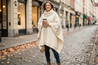Femme portant un poncho polaire crème en milieu urbain avec des bottines et un jean slim pour un look chic et confortable en hiver