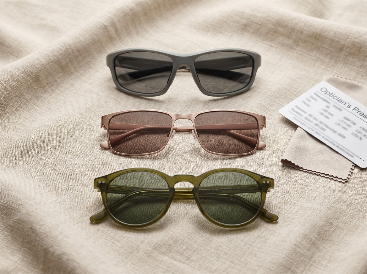 Pose à plat de plusieurs modèles de lunettes de soleil correctrices sur tissu lin avec ordonnance d'opticien