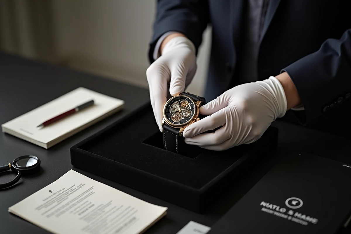 Mains gantées présentant une montre squelette de haute horlogerie sur velours noir lors d'une vente aux enchères privée