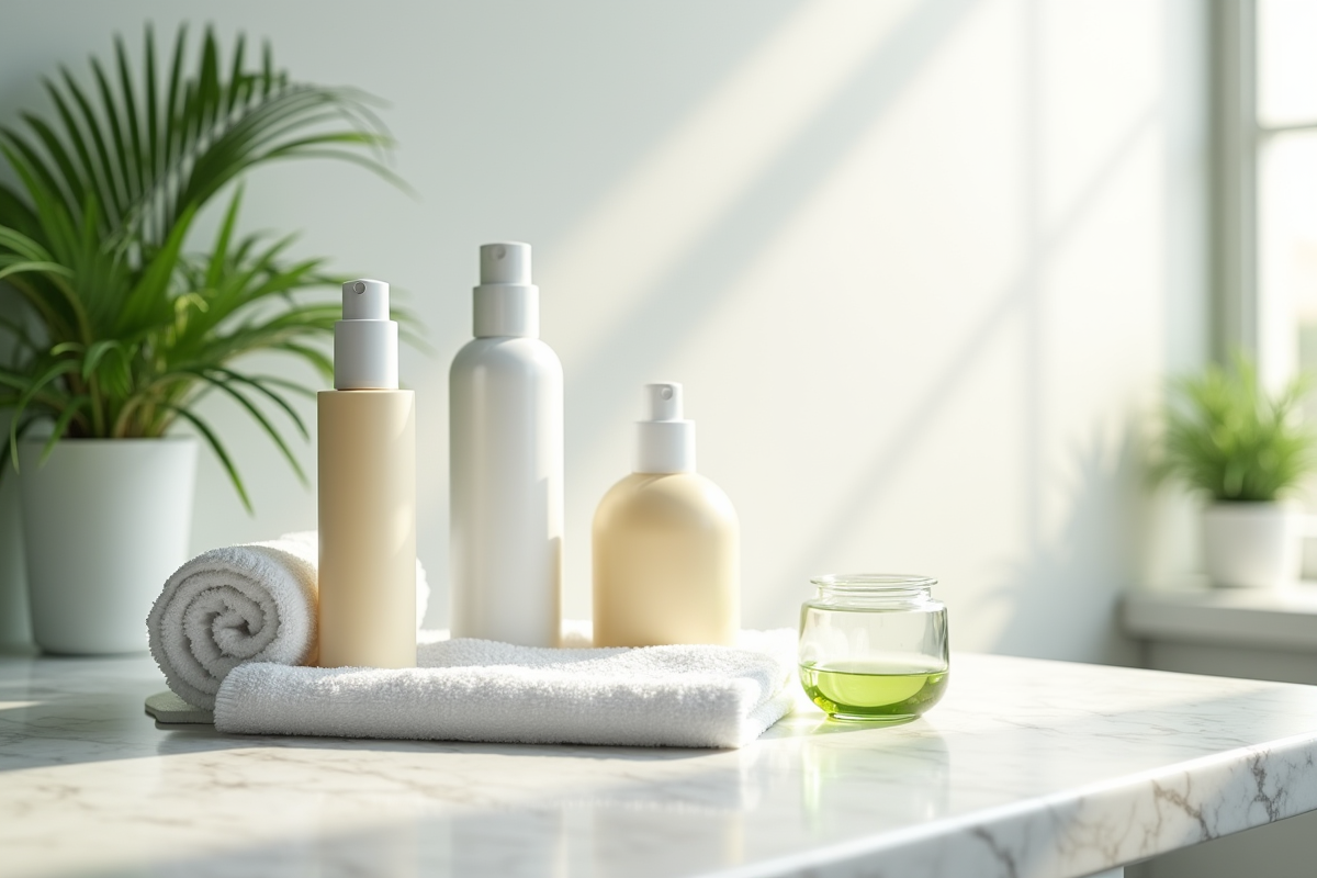 Produits de soin coréens sur une serviette blanche avec eau de gloe et feuilles vertes