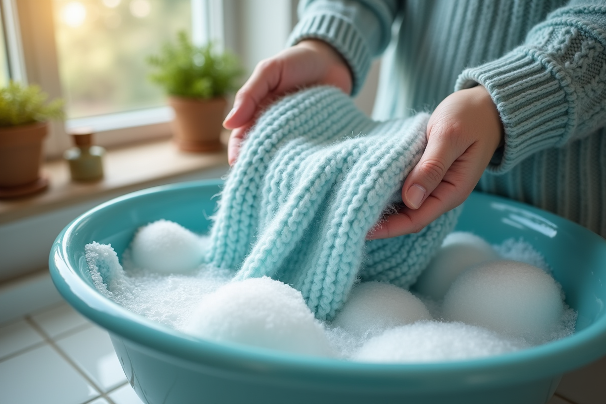Lavage délicat d'un pull en angora bleu pâle dans un lavabo