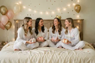 Groupe d'amies portant des pyjamas personnalisés assortis lors d'une soirée anniversaire sur un grand lit décoré de confettis et de guirlandes lumineuses