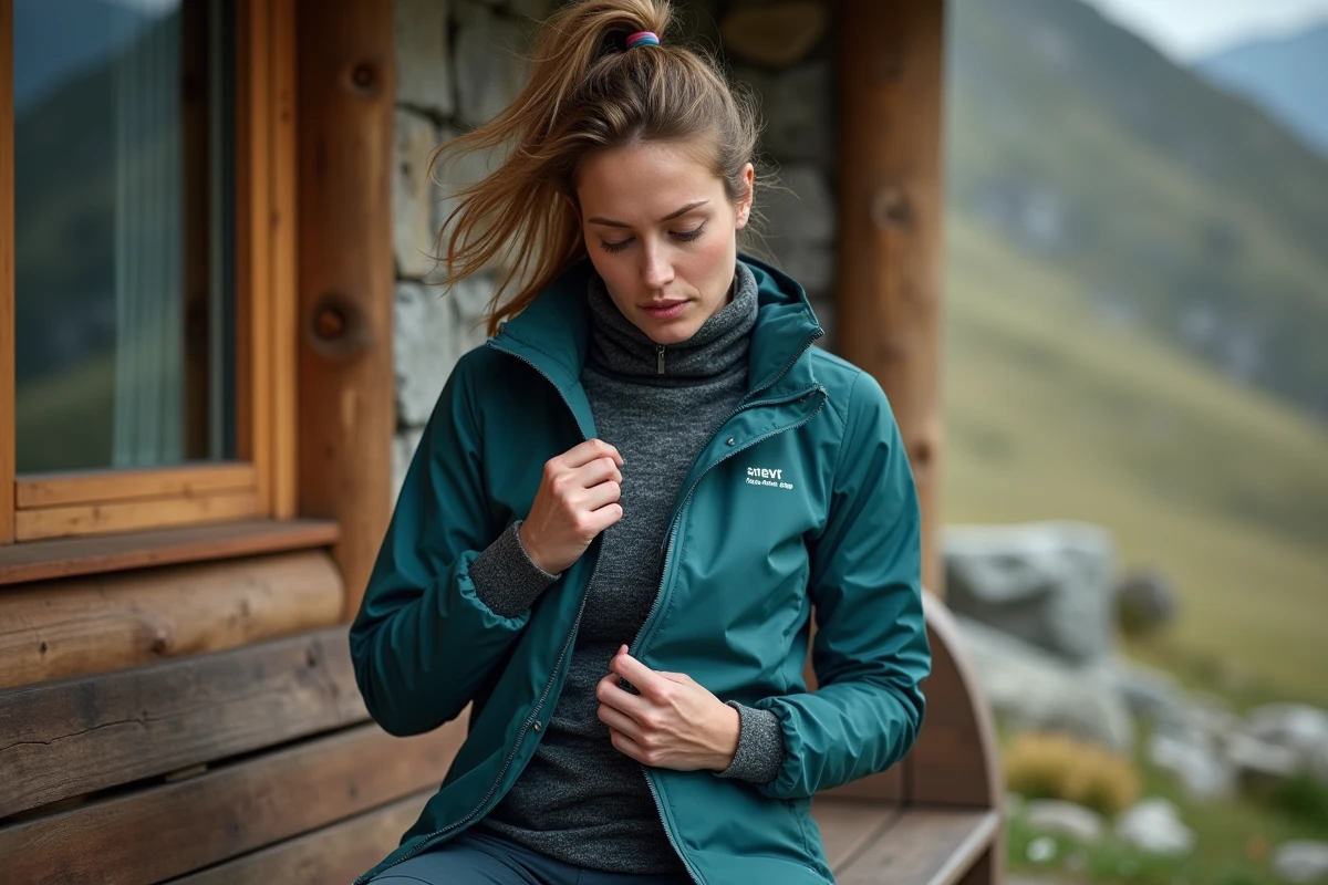 Randonneuse testant une veste compressible outdoor devant un refuge de montagne en évaluant la qualité du tissu