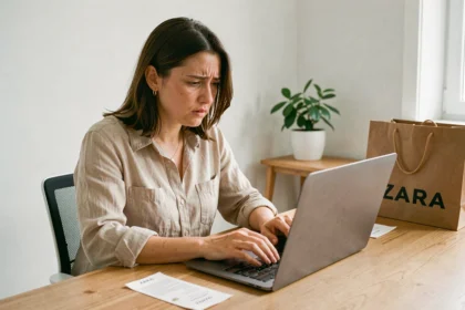 Femme rédigeant une réclamation en ligne à ZARA sur son ordinateur portable avec un reçu et un sac ZARA posés sur le bureau