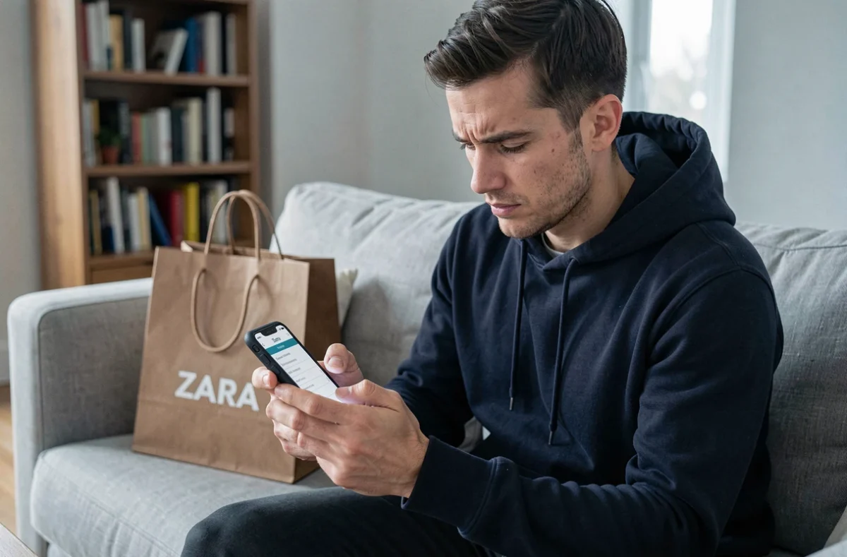 Homme utilisant son smartphone pour envoyer une réclamation à ZARA depuis son canapé avec un sac de la marque à côté de lui