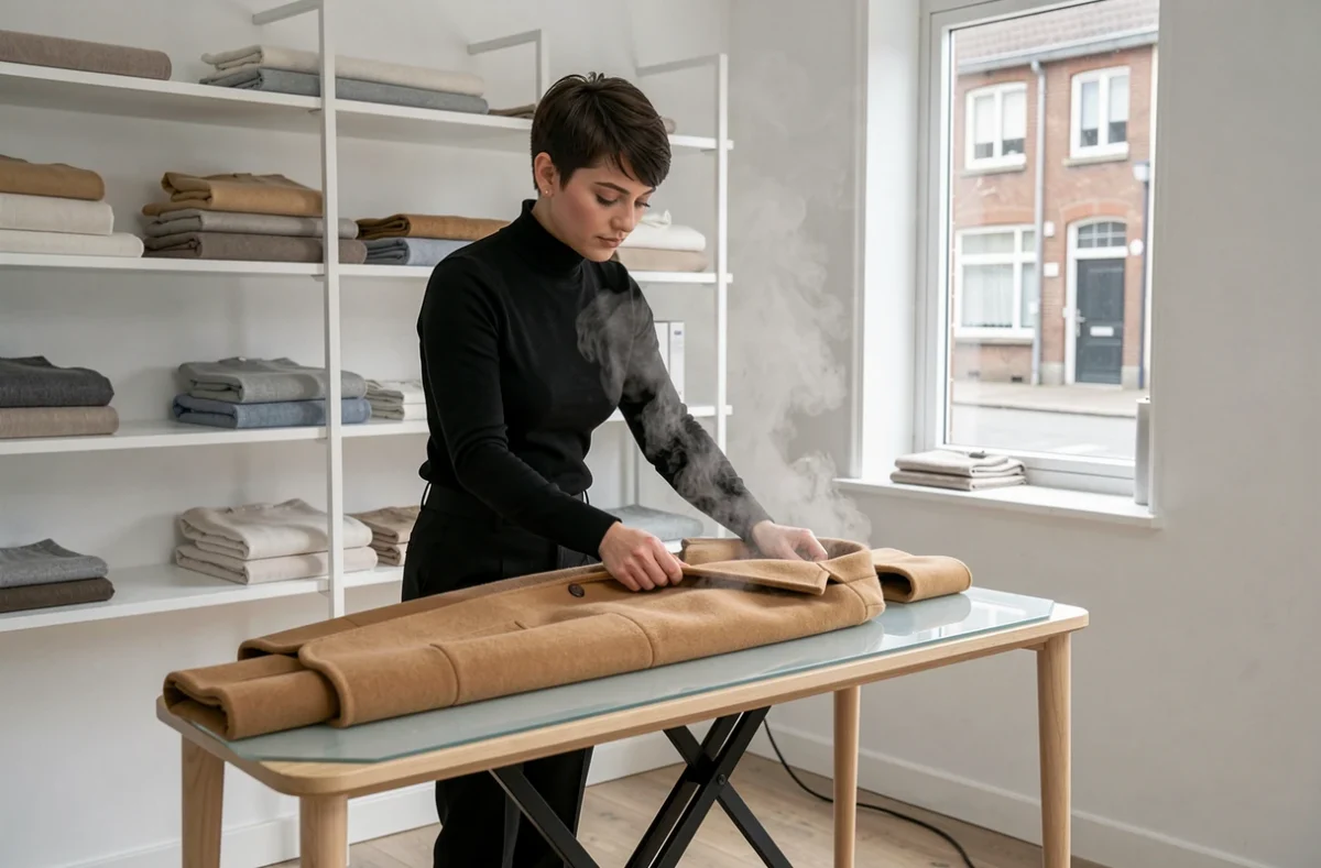 Artisane de Refill Atelier repassant un manteau en laine dans un atelier épuré à Saint-André-lez-Lille