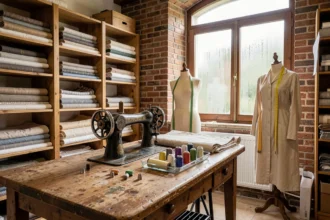 Intérieur d'une retoucherie artisanale dans le Nord avec machine à coudre vintage, tissus et mannequin couture