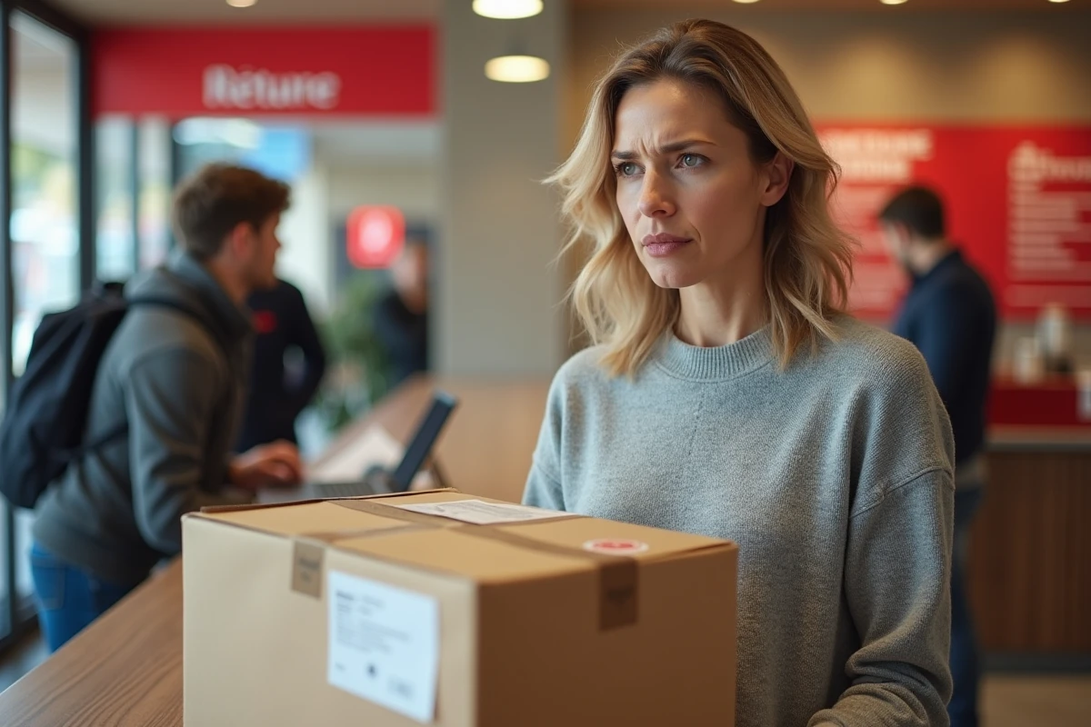Femme retournant un colis dans un bureau de poste, illustration d'un litige avec une boutique en ligne