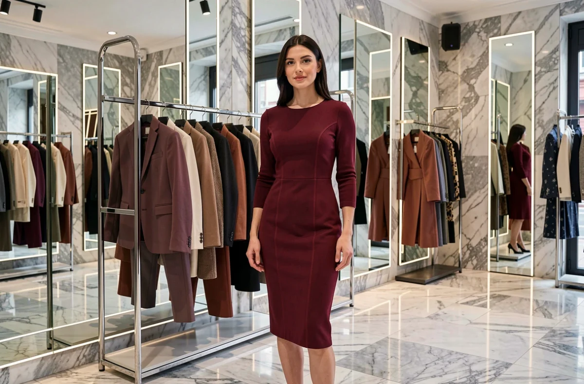 Boutique Rinascimento à Dijon proposant du prêt-à-porter italien élégant avec une cliente en robe ajustée rouge