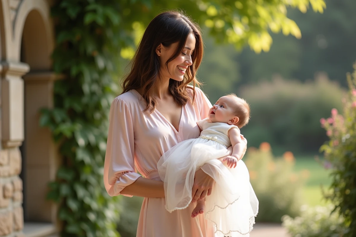Mère tenant son bébé en robe de baptême en mousseline blanche avec ruban satiné, dans un jardin devant une chapelle en pierre
