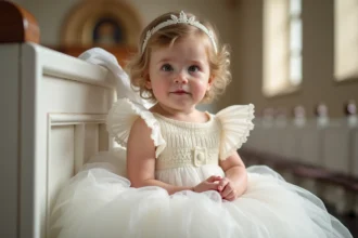 Robe de baptême en soie organza ivoire avec broderies smockées pour petite fille, portée dans une église