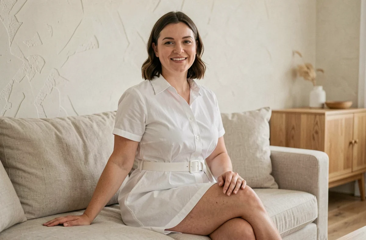 Femme petite morphologie ronde portant une robe chemise blanche longueur genou avec ceinture dans un salon scandinave