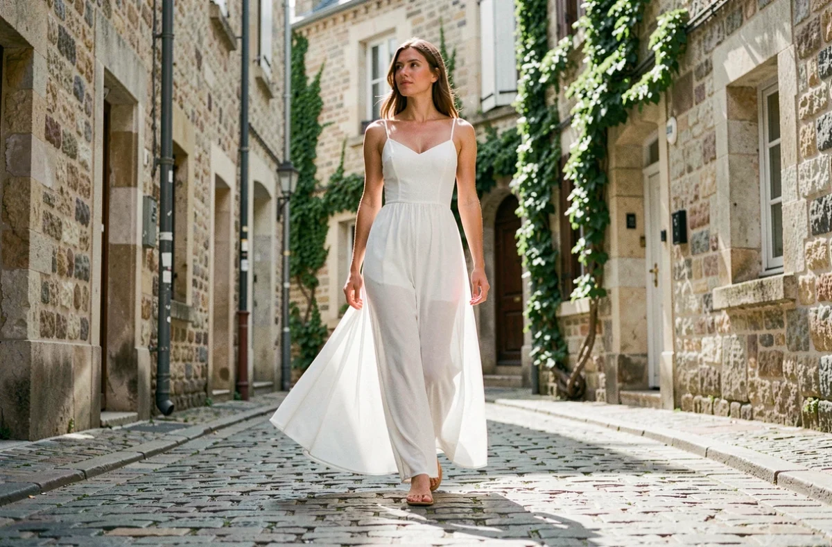 Grande femme mince en robe blanche longue maxi se promenant dans une rue pavée ensoleillée