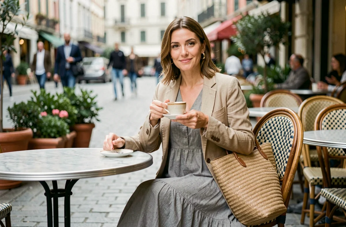 Femme en robe bohème grise et blazer lin beige assise en terrasse de café lors d'un city trip