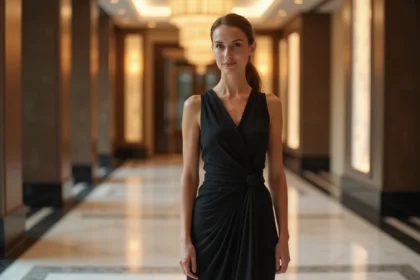 Femme élégante portant une robe de cocktail noire courte dans un lobby d'hôtel luxueux