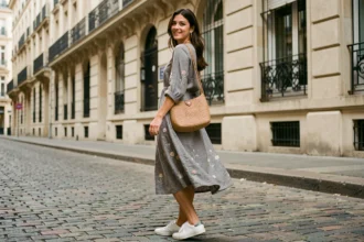 Jeune femme en robe longue grise bohème avec broderies florales et sneakers blanches dans une rue pavée européenne