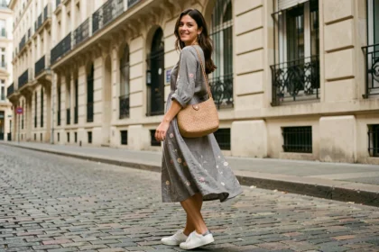 Jeune femme en robe longue grise bohème avec broderies florales et sneakers blanches dans une rue pavée européenne