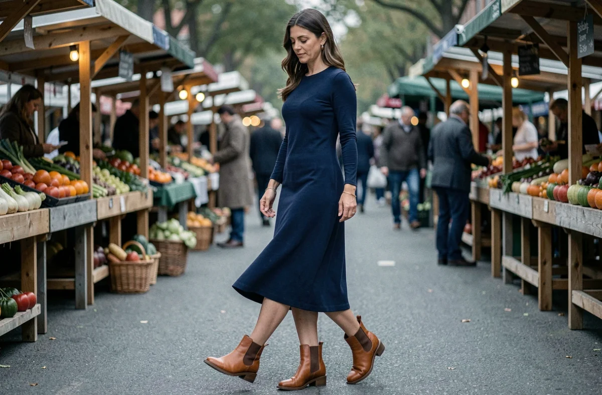 Femme en robe longue bleu marine portant des boots chelsea cognac dans un marché fermier extérieur, association robe longue et bottines au quotidien