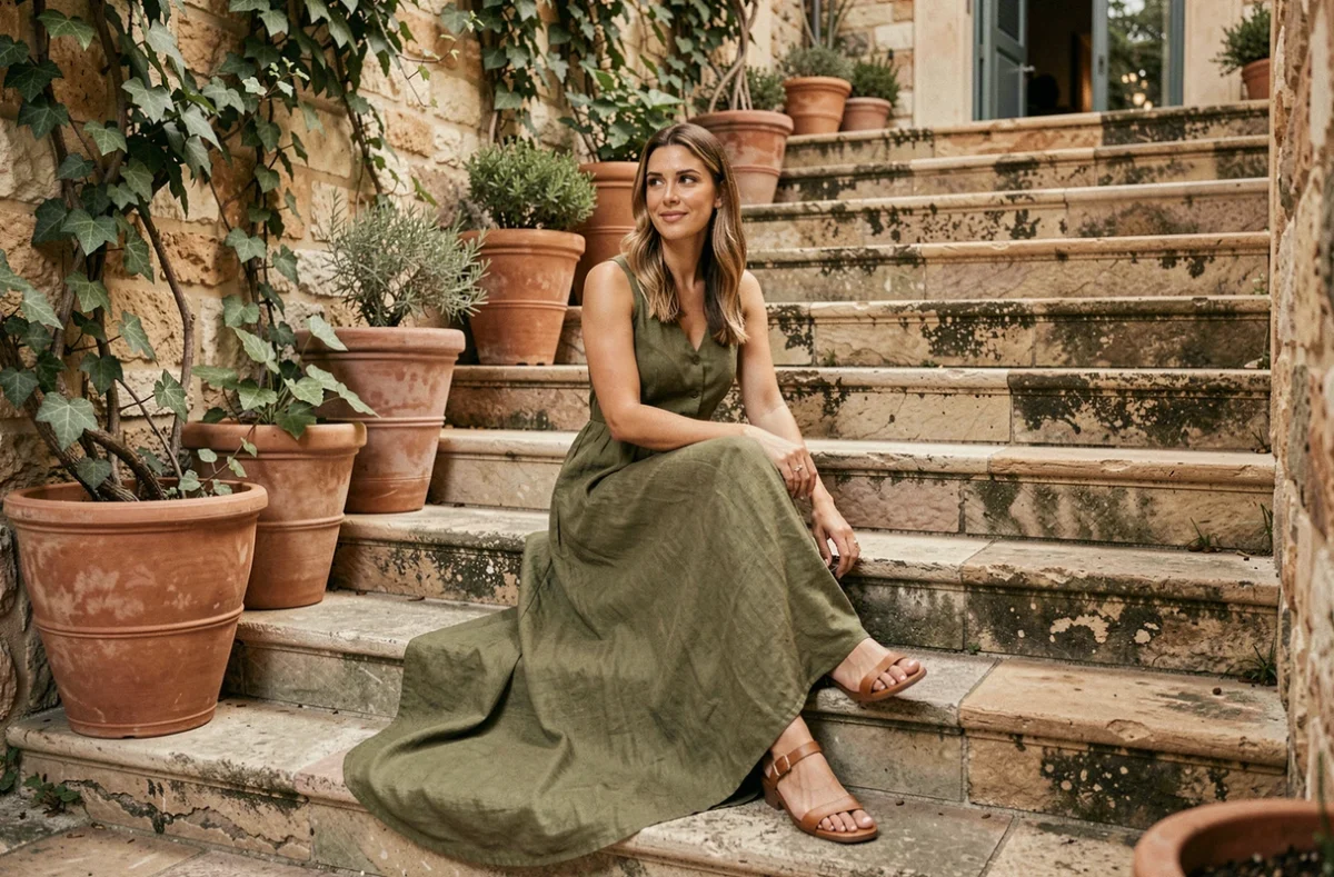 Femme assise en robe longue en lin olive avec des sandales plates en cuir beige dans une cour méditerranéenne, style estival confortable