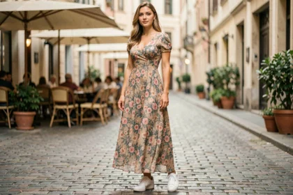 Femme portant une robe longue fleurie avec des sneakers blanches dans une rue pavée, tenue casual et confortable au quotidien