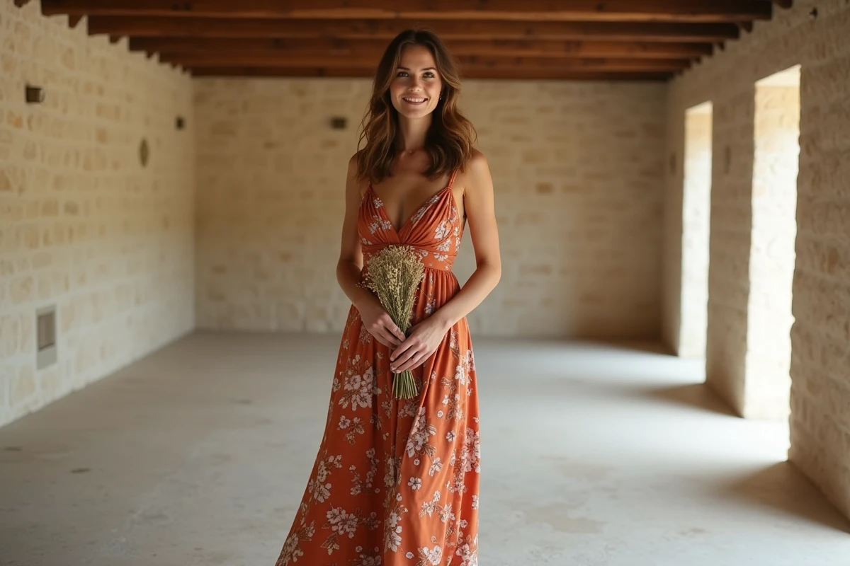Femme en robe longue terracotta à motifs floraux tenant un bouquet dans une salle de mariage rustique