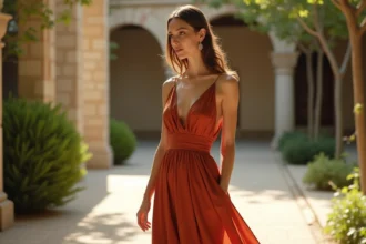 Femme portant une robe longue terracotta unie dans un jardin de mariage avec arches en pierre
