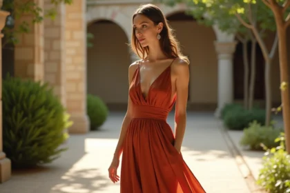 Femme portant une robe longue terracotta unie dans un jardin de mariage avec arches en pierre