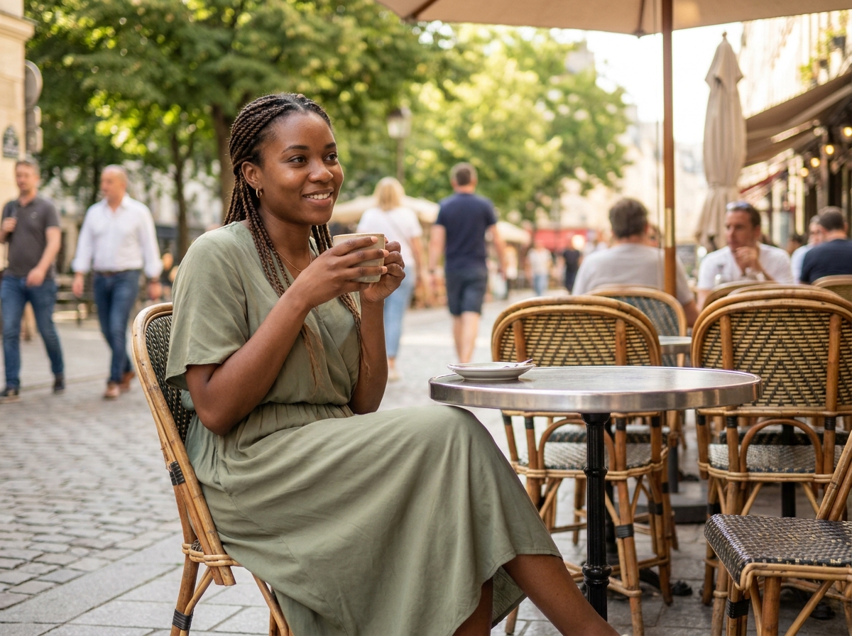 Femme portant une robe midi verte polyvalente lors d'un week-end détendu en terrasse de café