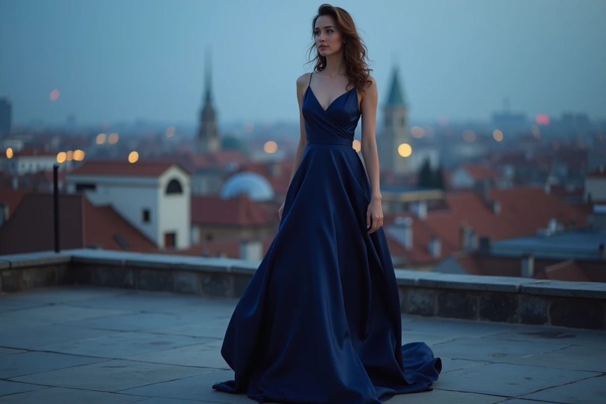Femme en robe de soirée longue bleu marine sur une terrasse urbaine au crépuscule