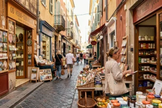 Rue commerçante animée de Marseille près du Vieux-Port avec boutiques locales et passants