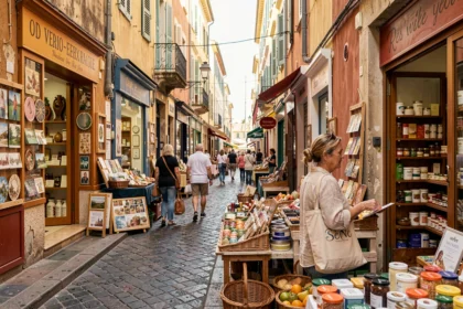 Rue commerçante animée de Marseille près du Vieux-Port avec boutiques locales et passants