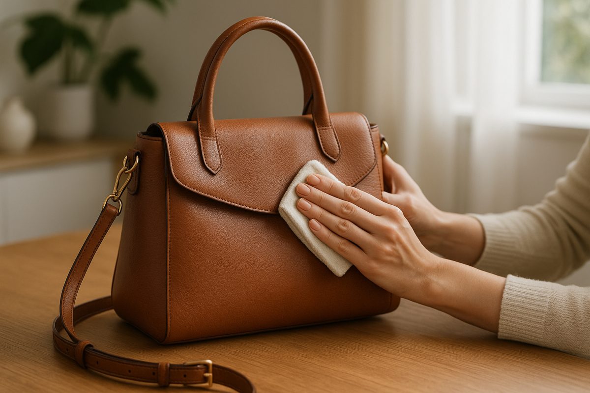 Photo d'un sac à main en cuir moderne en cours d'entretien