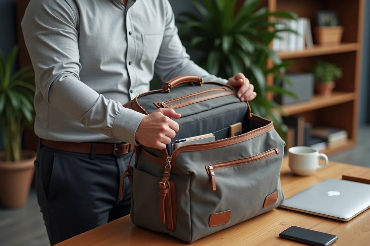 Homme en tenue casual chic installant une grande sacoche de travail en toile sur un bureau en bois dans un open space moderne