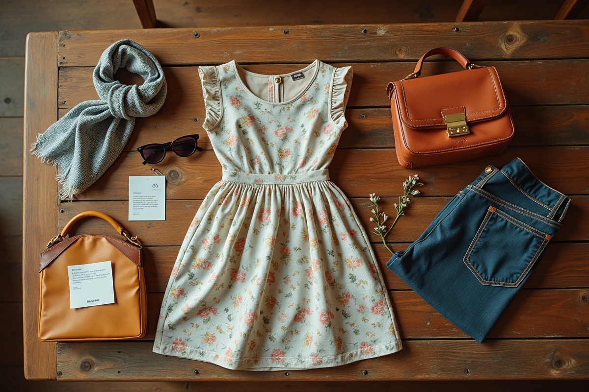 Vue aérienne d'une sélection de vêtements et accessoires vintage sur une table en bois dans une friperie
