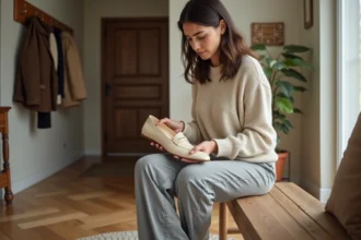 Femme insérant une semelle intérieure épaisse dans une chaussure trop grande pour améliorer le maintien du pied