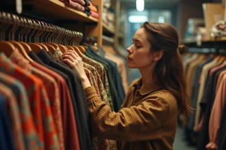 Jeune femme qui fait du shopping dans une friperie vintage remplie de vêtements rétro colorés