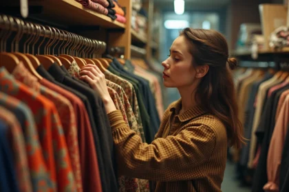 Jeune femme qui fait du shopping dans une friperie vintage remplie de vêtements rétro colorés