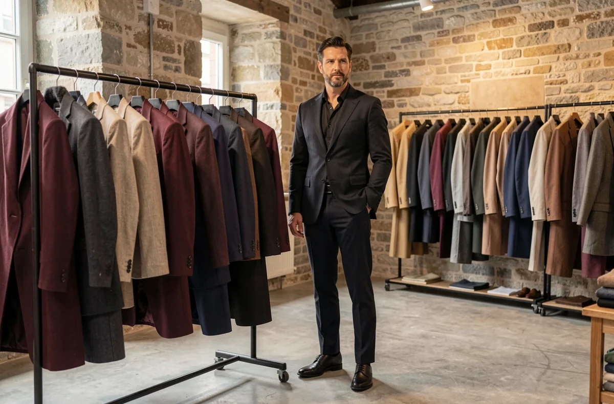 Créateur dijonnais Laurent H. dans son showroom avec des vêtements originaux sur portant en pierre apparente
