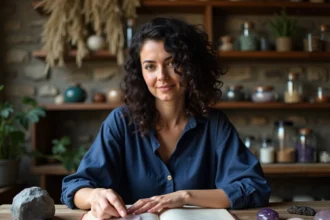 Femme consultant une carte astrologique entourée de pierres précieuses et cristaux sur une table en bois rustique