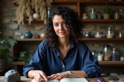 Femme consultant une carte astrologique entourée de pierres précieuses et cristaux sur une table en bois rustique