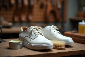 Sneakers en cuir blanc posées sur un établi avec cirage neutre et brosse à chaussures pour entretien