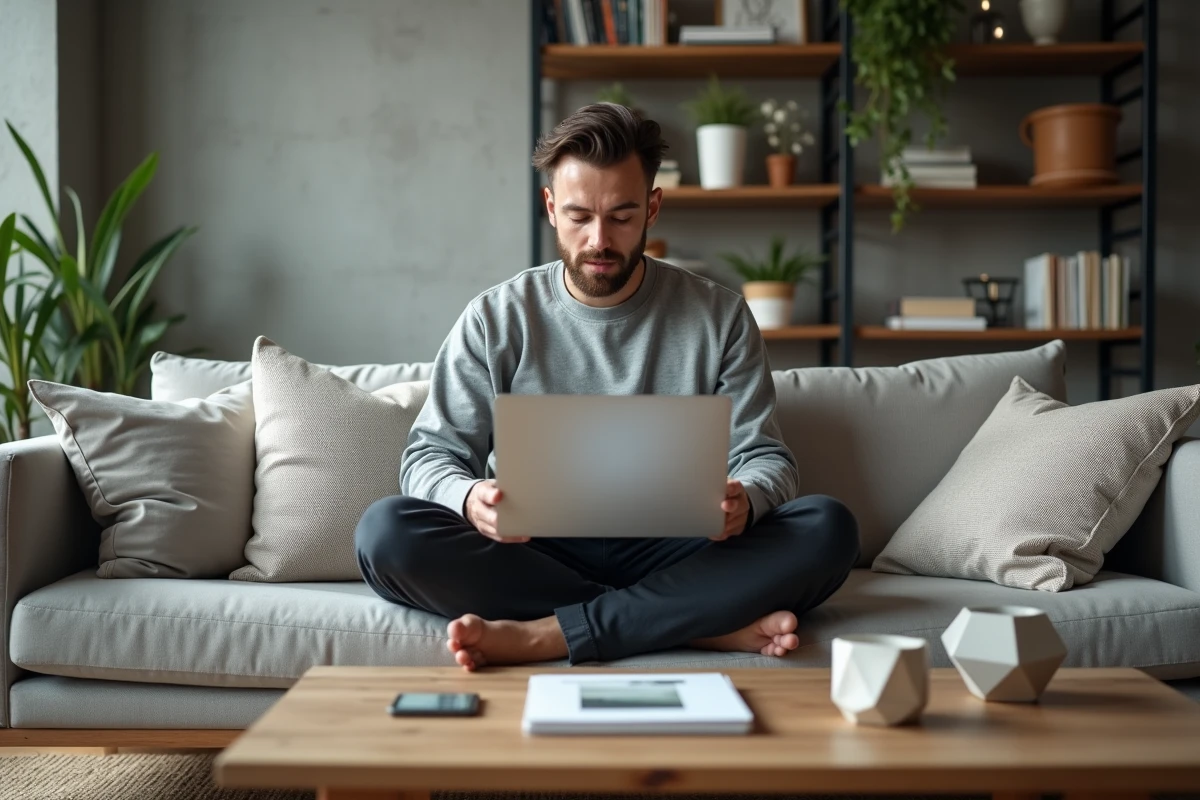 Homme découvrant des articles de décoration en promotion lors des soldes 2026 dans un salon contemporain
