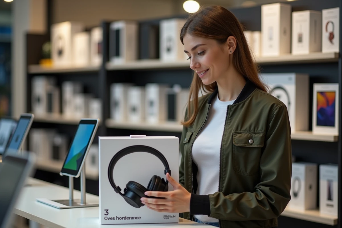Jeune femme examinant des écouteurs high-tech en solde dans un magasin d'électronique pendant la deuxième démarque