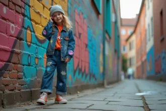 Adolescente en style drip unique devant un mur de graffitis colorés en milieu urbain